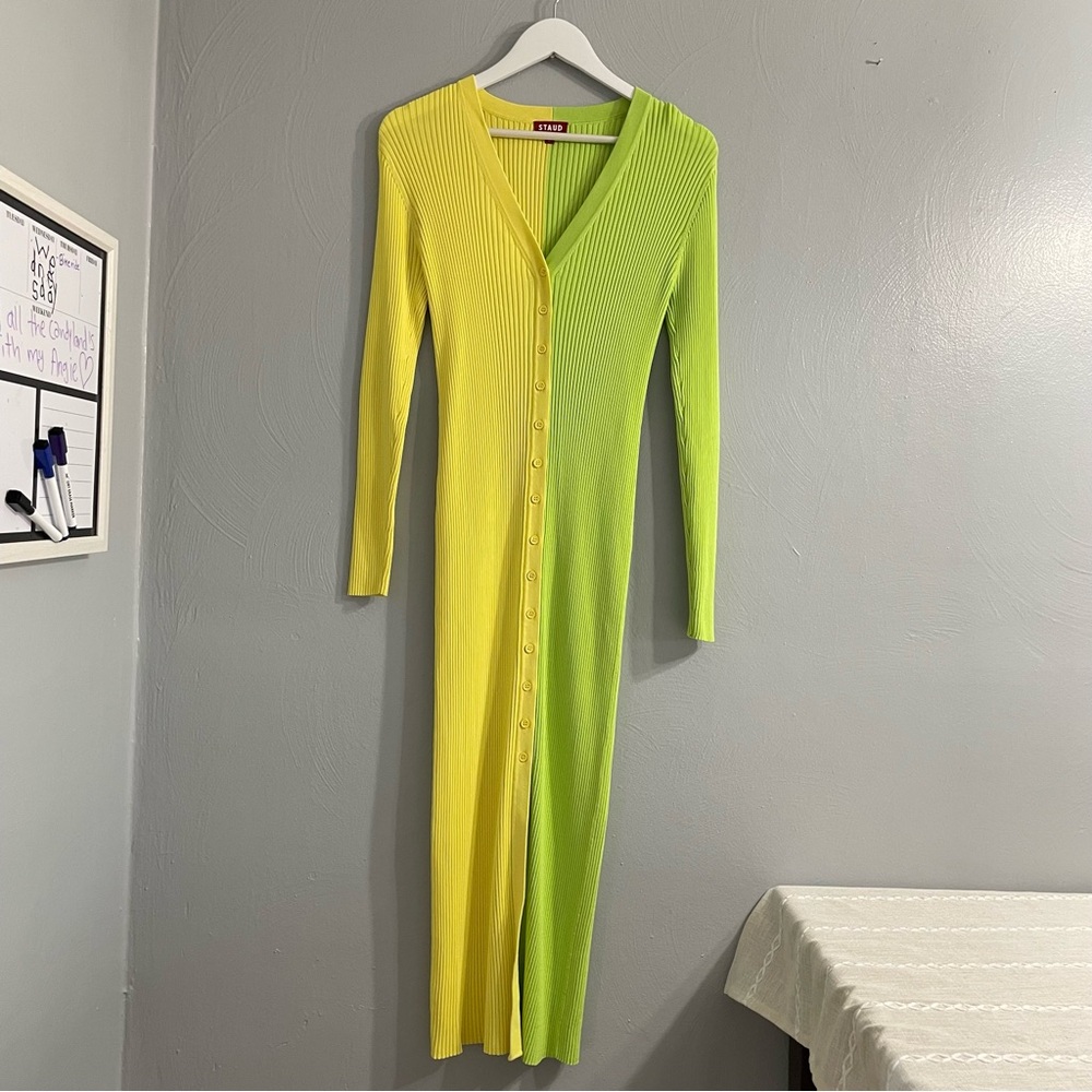 Staud Shoko Colorblocked Midi Dress in Multicolor lime ribbed knit maximalist - Picture 4 of 11